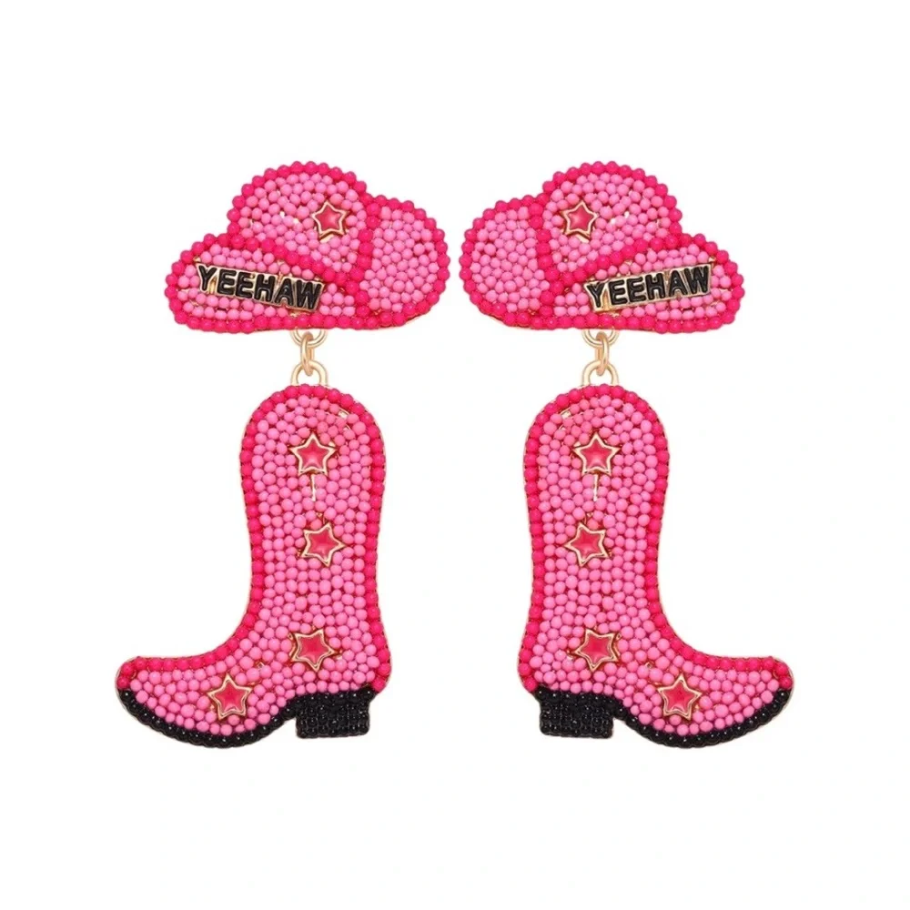 Hot Pink "YEEHAW" Beaded & Star Studded Cowgirl Boot Earrings - Picture 3 of 3